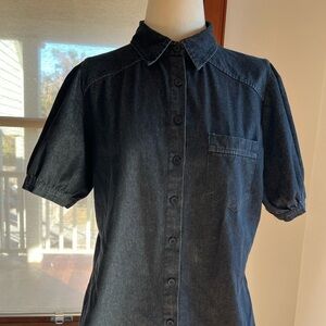 Puff Sleeve Washed Black Denim Shirt